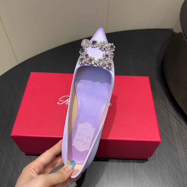 ROGER VIVIER 25S GRETE BALLET FLATS IN LAVENDER SILK WITH EMBELLISHED CRYSTALS