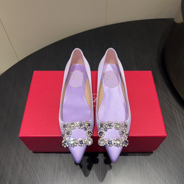 ROGER VIVIER 25S GRETE BALLET FLATS IN LAVENDER SILK WITH EMBELLISHED CRYSTALS