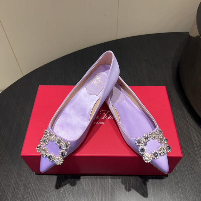 ROGER VIVIER 25S GRETE BALLET FLATS IN LAVENDER SILK WITH EMBELLISHED CRYSTALS