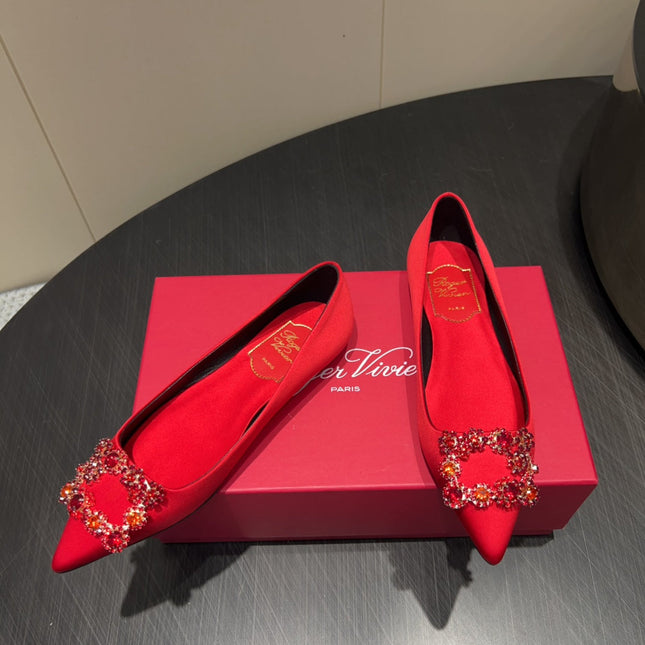 ROGER VIVIER 25S GRETE BALLET FLATS IN BRIGHT RED SILK WITH EMBELLISHED CRYSTALS