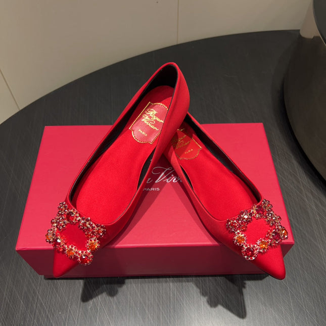 ROGER VIVIER 25S GRETE BALLET FLATS IN BRIGHT RED SILK WITH EMBELLISHED CRYSTALS