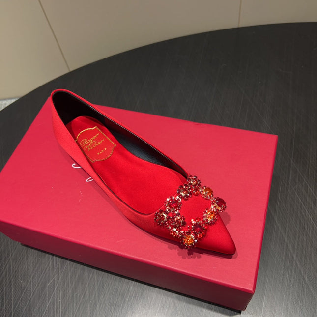 ROGER VIVIER 25S GRETE BALLET FLATS IN BRIGHT RED SILK WITH EMBELLISHED CRYSTALS