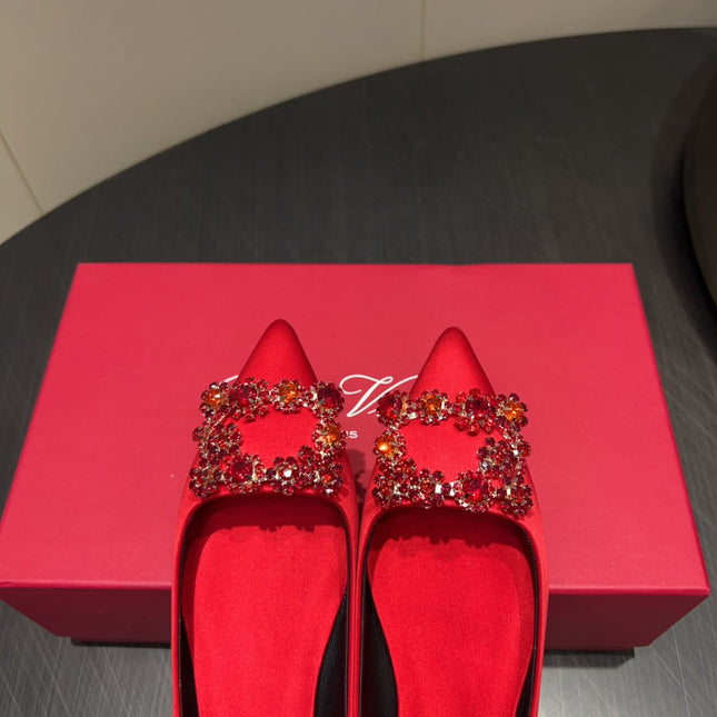 ROGER VIVIER 25S GRETE BALLET FLATS IN BRIGHT RED SILK WITH EMBELLISHED CRYSTALS