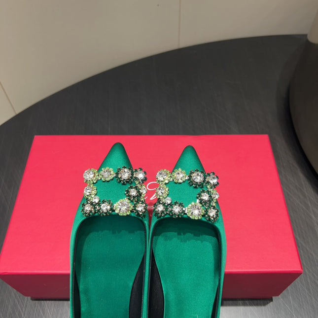 ROGER VIVIER 25S GRETE BALLET FLATS IN TEAL GREEN SILK WITH EMBELLISHED CRYSTALS