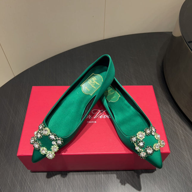 ROGER VIVIER 25S GRETE BALLET FLATS IN TEAL GREEN SILK WITH EMBELLISHED CRYSTALS