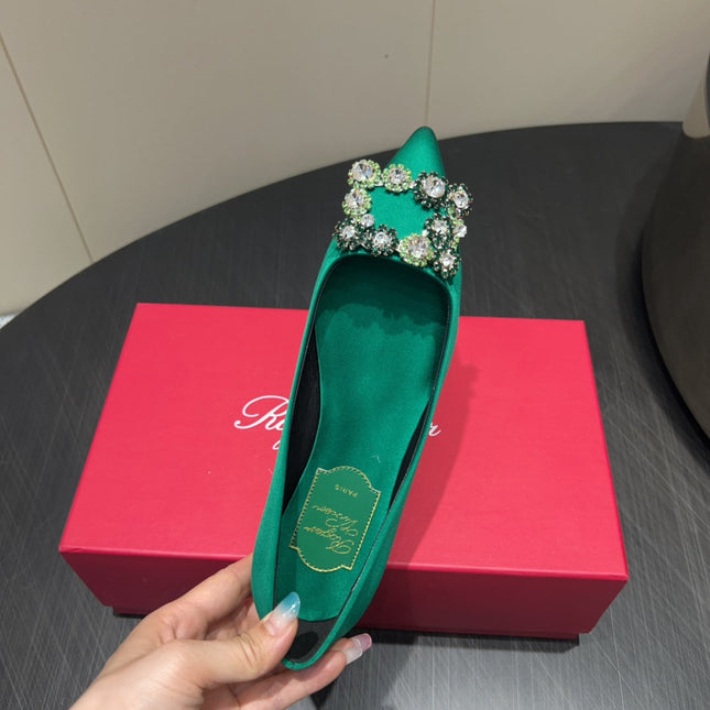 ROGER VIVIER 25S GRETE BALLET FLATS IN TEAL GREEN SILK WITH EMBELLISHED CRYSTALS