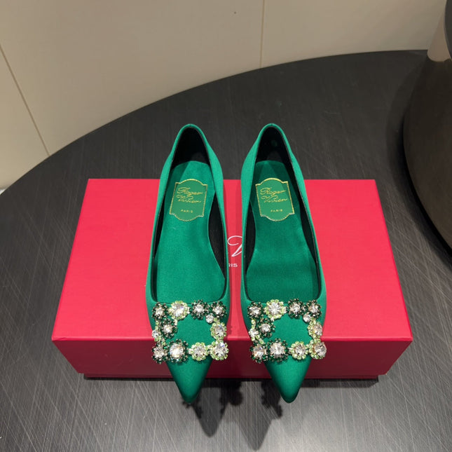 ROGER VIVIER 25S GRETE BALLET FLATS IN TEAL GREEN SILK WITH EMBELLISHED CRYSTALS