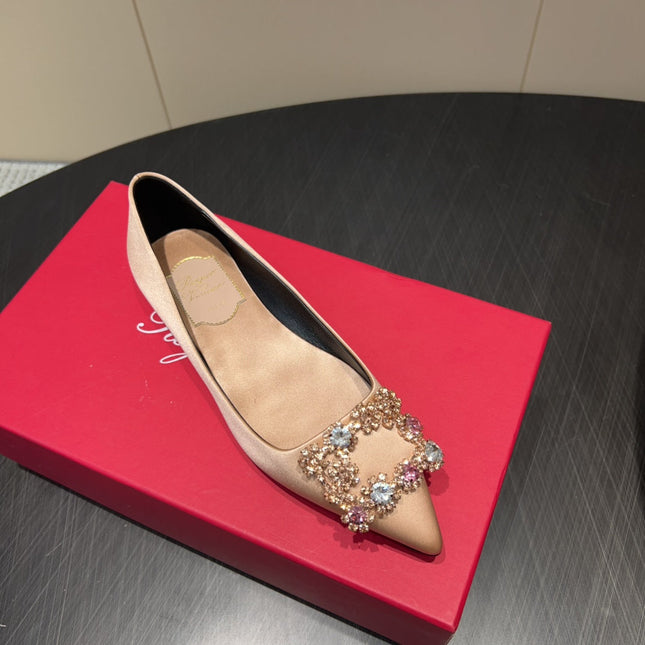 ROGER VIVIER 25S GRETE BALLET FLATS IN DARK NUDE SILK WITH EMBELLISHED CRYSTALS