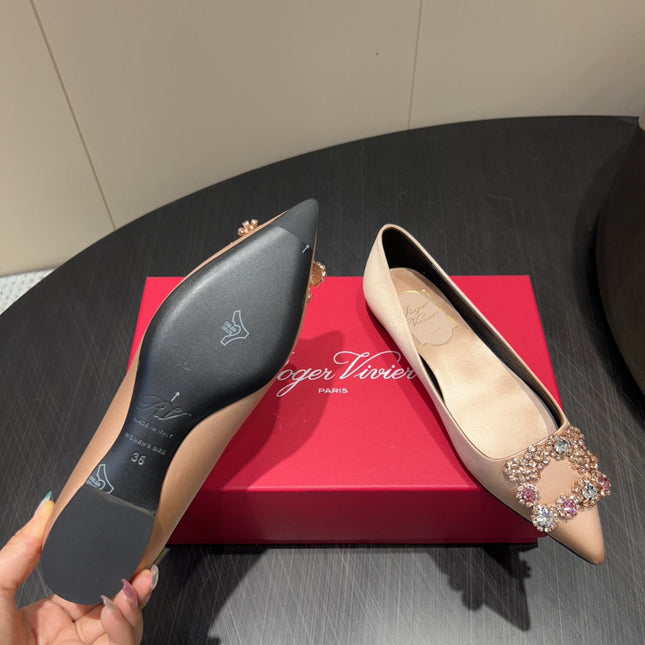 ROGER VIVIER 25S GRETE BALLET FLATS IN DARK NUDE SILK WITH EMBELLISHED CRYSTALS