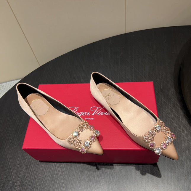 ROGER VIVIER 25S GRETE BALLET FLATS IN DARK NUDE SILK WITH EMBELLISHED CRYSTALS