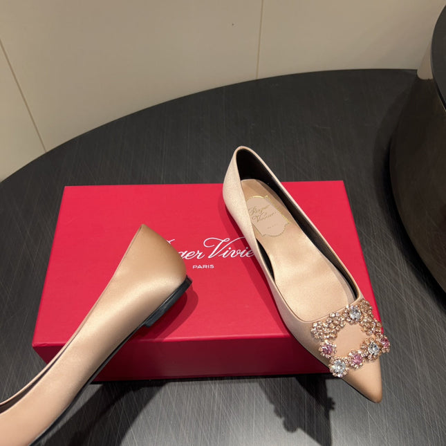ROGER VIVIER 25S GRETE BALLET FLATS IN DARK NUDE SILK WITH EMBELLISHED CRYSTALS