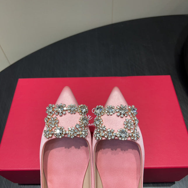 ROGER VIVIER 25S GRETE BALLET FLATS IN BABY PINK SILK WITH EMBELLISHED CRYSTALS