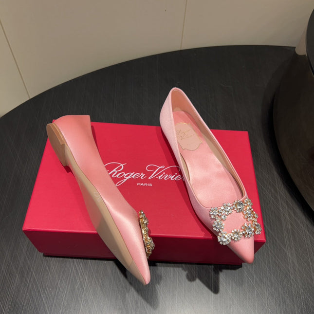 ROGER VIVIER 25S GRETE BALLET FLATS IN BABY PINK SILK WITH EMBELLISHED CRYSTALS