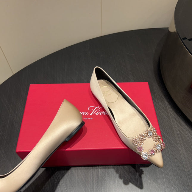 ROGER VIVIER 25S GRETE BALLET FLATS IN NUDE SILK WITH EMBELLISHED CRYSTALS