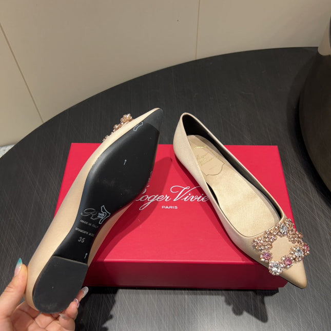 ROGER VIVIER 25S GRETE BALLET FLATS IN NUDE SILK WITH EMBELLISHED CRYSTALS