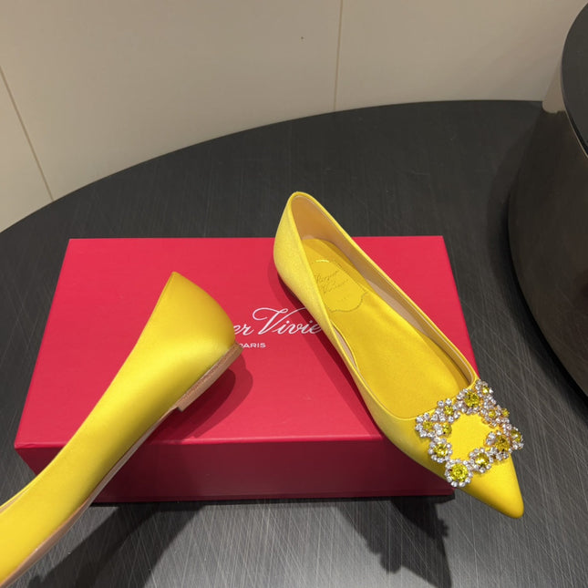 ROGER VIVIER 25S GRETE BALLET FLATS IN BRIGHT YELLOW SILK WITH EMBELLISHED CRYSTALS