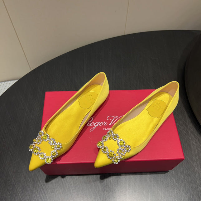 ROGER VIVIER 25S GRETE BALLET FLATS IN BRIGHT YELLOW SILK WITH EMBELLISHED CRYSTALS