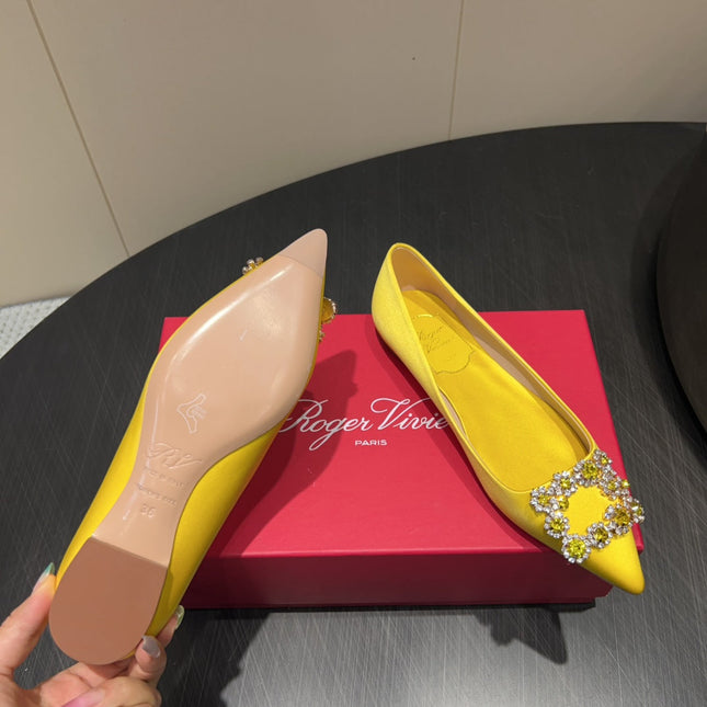 ROGER VIVIER 25S GRETE BALLET FLATS IN BRIGHT YELLOW SILK WITH EMBELLISHED CRYSTALS