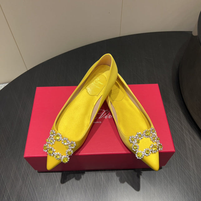 ROGER VIVIER 25S GRETE BALLET FLATS IN BRIGHT YELLOW SILK WITH EMBELLISHED CRYSTALS