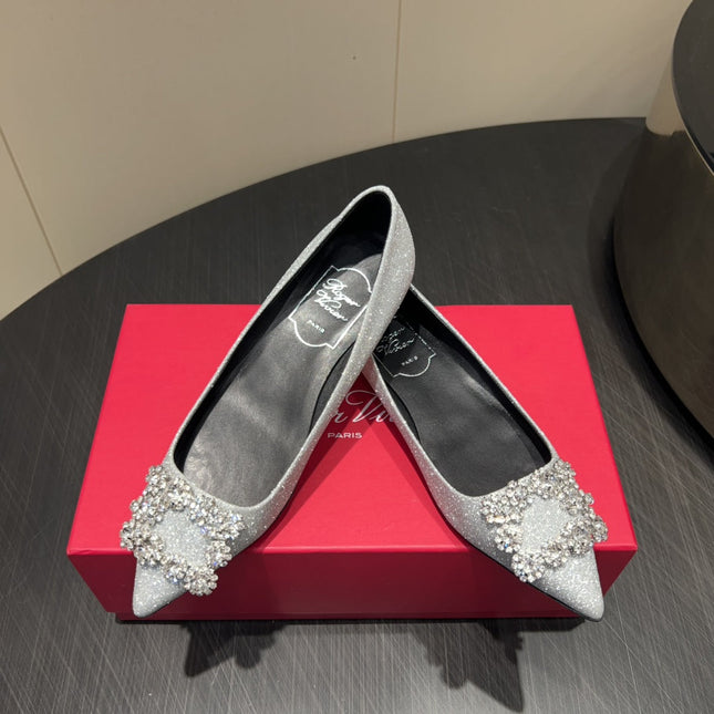 ROGER VIVIER 25S GRETE BALLET FLATS IN BLING SILVER EMBELLISHED CRYSTALS