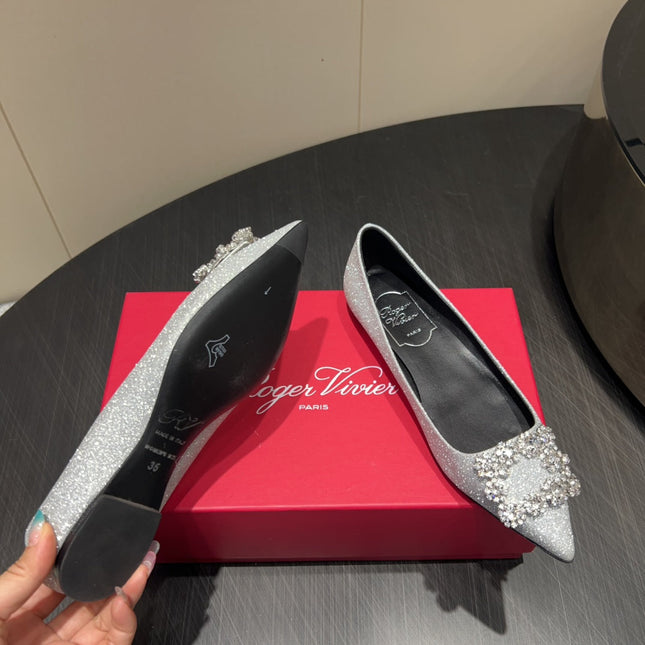 ROGER VIVIER 25S GRETE BALLET FLATS IN BLING SILVER EMBELLISHED CRYSTALS