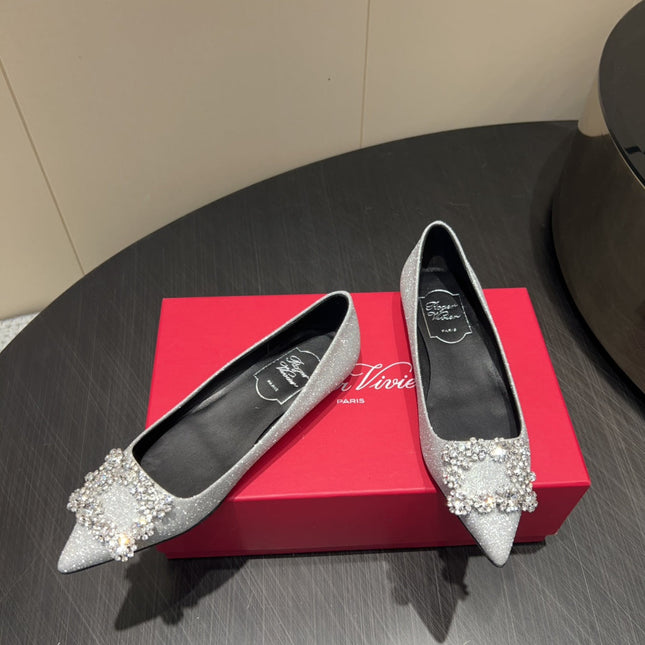 ROGER VIVIER 25S GRETE BALLET FLATS IN BLING SILVER EMBELLISHED CRYSTALS