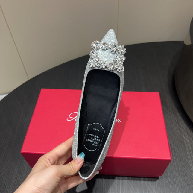 ROGER VIVIER 25S GRETE BALLET FLATS IN BLING SILVER EMBELLISHED CRYSTALS