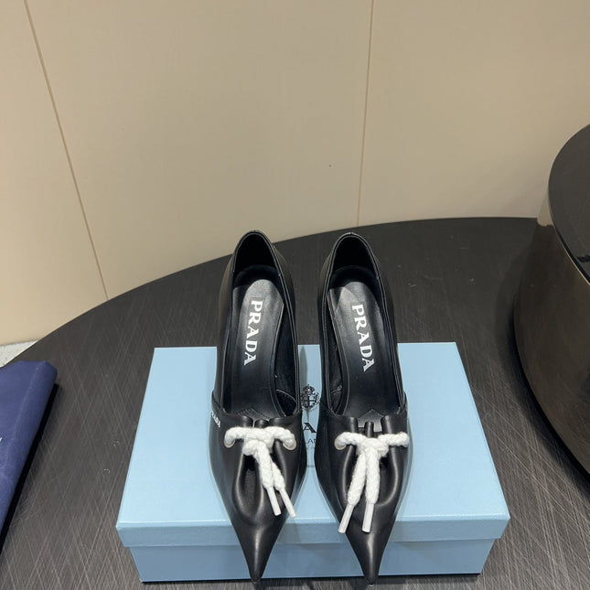 PRADA 25S POINTED TOE HIGH HEELS 85MM IN BLACK LAMBSKIN WITH TIE UP DESIGN
