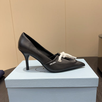 PRADA 25S POINTED TOE HIGH HEELS 85MM IN BLACK LAMBSKIN WITH TIE UP DESIGN