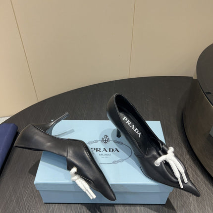 PRADA 25S POINTED TOE HIGH HEELS 85MM IN BLACK LAMBSKIN WITH TIE UP DESIGN