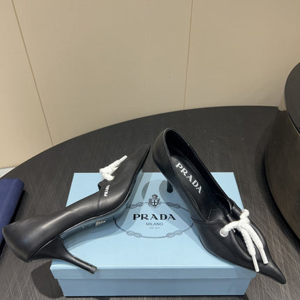 PRADA 25S POINTED TOE HIGH HEELS 85MM IN BLACK LAMBSKIN WITH TIE UP DESIGN