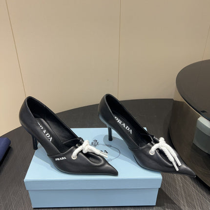 PRADA 25S POINTED TOE HIGH HEELS 85MM IN BLACK LAMBSKIN WITH TIE UP DESIGN