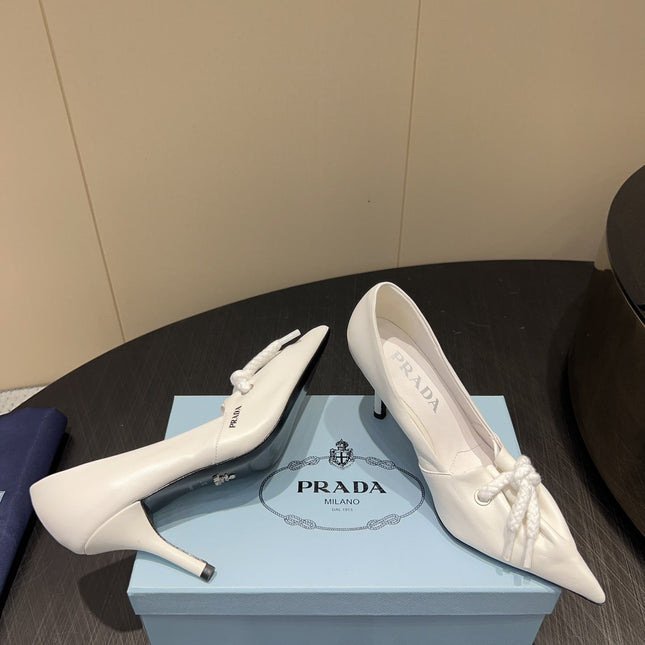 PRADA 25S POINTED TOE HIGH HEELS 85MM IN IVORY LAMBSKIN WITH TIE UP DESIGN