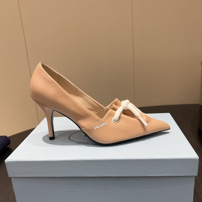 PRADA 25S POINTED TOE HIGH HEELS 85MM IN BEIGE LAMBSKIN WITH TIE UP DESIGN