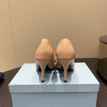 PRADA 25S POINTED TOE HIGH HEELS 85MM IN BEIGE LAMBSKIN WITH TIE UP DESIGN