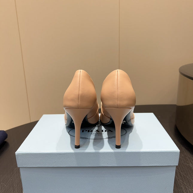 PRADA 25S POINTED TOE HIGH HEELS 85MM IN BEIGE LAMBSKIN WITH TIE UP DESIGN