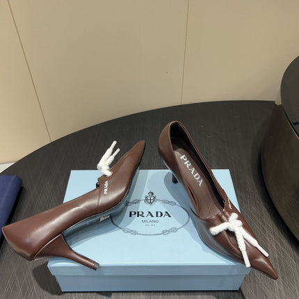 PRADA 25S POINTED TOE HIGH HEELS 85MM IN DARK BROWN LAMBSKIN WITH TIE UP DESIGN