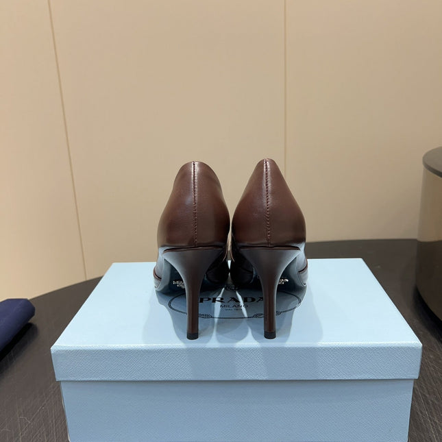 PRADA 25S POINTED TOE HIGH HEELS 85MM IN DARK BROWN LAMBSKIN WITH TIE UP DESIGN