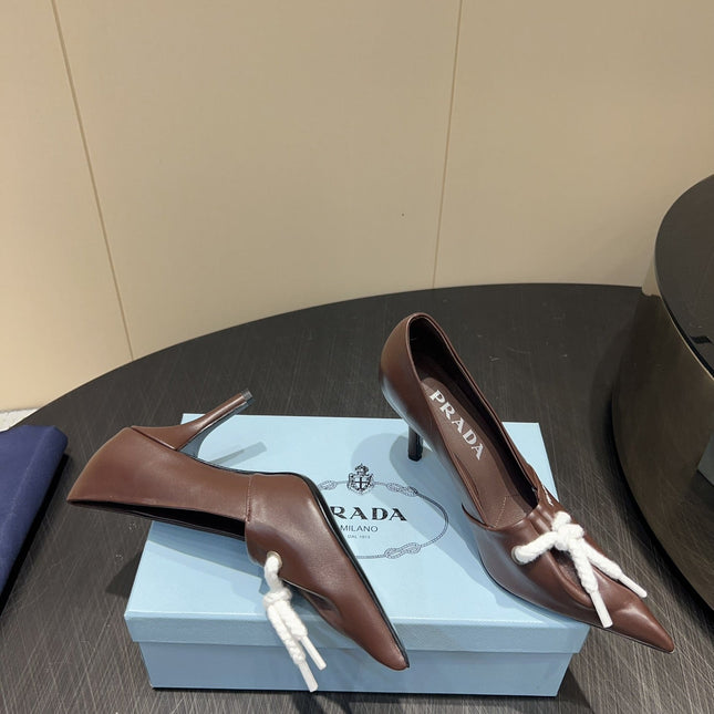 PRADA 25S POINTED TOE HIGH HEELS 85MM IN DARK BROWN LAMBSKIN WITH TIE UP DESIGN