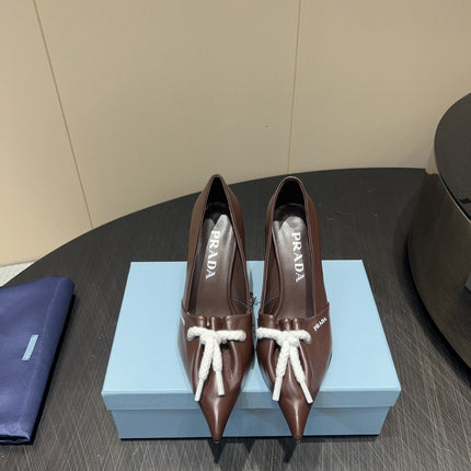 PRADA 25S POINTED TOE HIGH HEELS 85MM IN DARK BROWN LAMBSKIN WITH TIE UP DESIGN