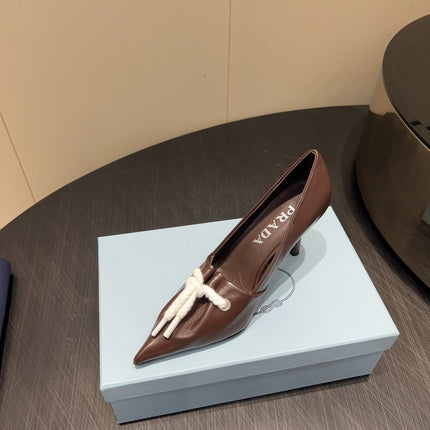 PRADA 25S POINTED TOE HIGH HEELS 85MM IN DARK BROWN LAMBSKIN WITH TIE UP DESIGN