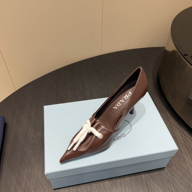 PRADA 25S POINTED TOE HIGH HEELS 85MM IN DARK BROWN LAMBSKIN WITH TIE UP DESIGN