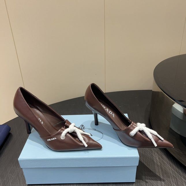 PRADA 25S POINTED TOE HIGH HEELS 85MM IN DARK BROWN LAMBSKIN WITH TIE UP DESIGN
