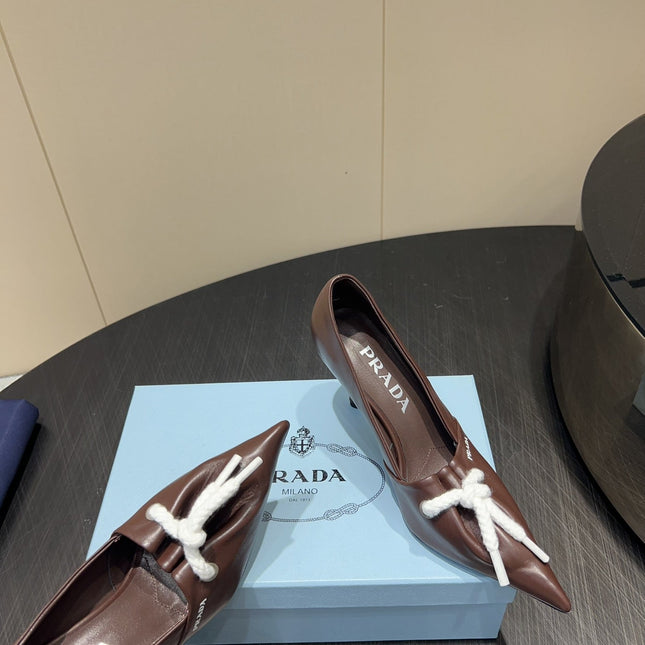 PRADA 25S POINTED TOE HIGH HEELS 85MM IN DARK BROWN LAMBSKIN WITH TIE UP DESIGN