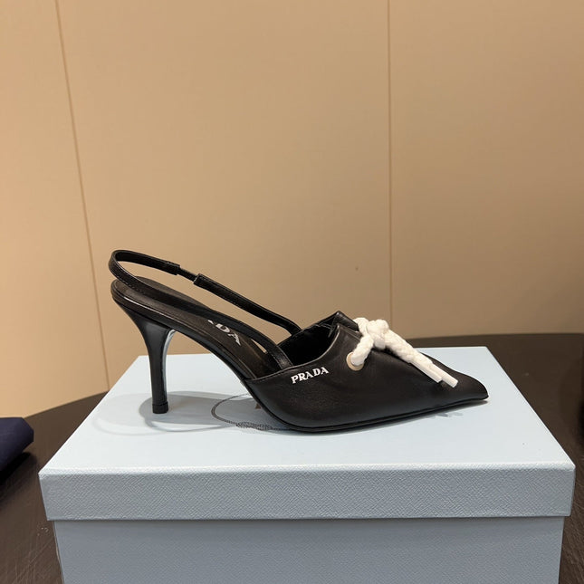 PRADA 25S POINTED TOE SLINGBACK 85MM IN BLACK LAMBSKIN WITH TIE UP DESIGN
