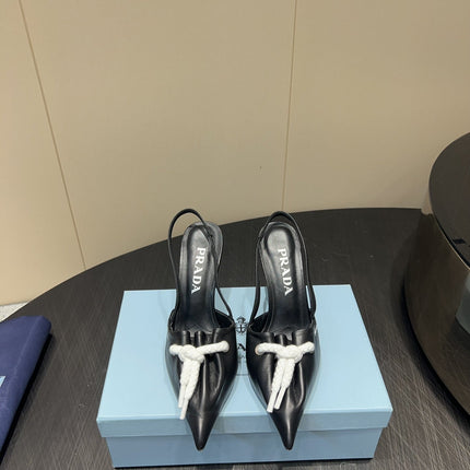 PRADA 25S POINTED TOE SLINGBACK 85MM IN BLACK LAMBSKIN WITH TIE UP DESIGN