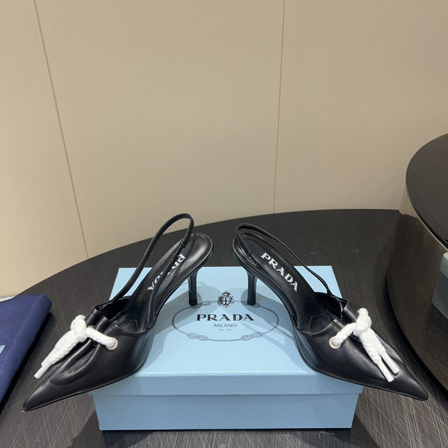 PRADA 25S POINTED TOE SLINGBACK 85MM IN BLACK LAMBSKIN WITH TIE UP DESIGN