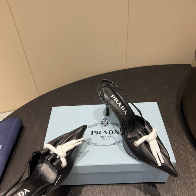 PRADA 25S POINTED TOE SLINGBACK 85MM IN BLACK LAMBSKIN WITH TIE UP DESIGN