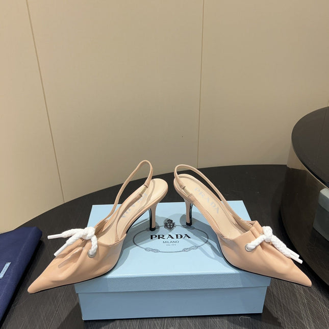 PRADA 25S POINTED TOE SLINGBACK 85MM IN BEIGE LAMBSKIN WITH TIE UP DESIGN
