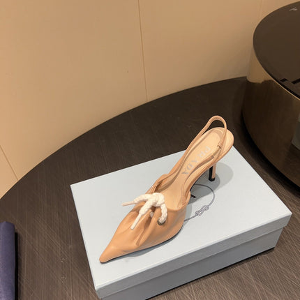 PRADA 25S POINTED TOE SLINGBACK 85MM IN BEIGE LAMBSKIN WITH TIE UP DESIGN